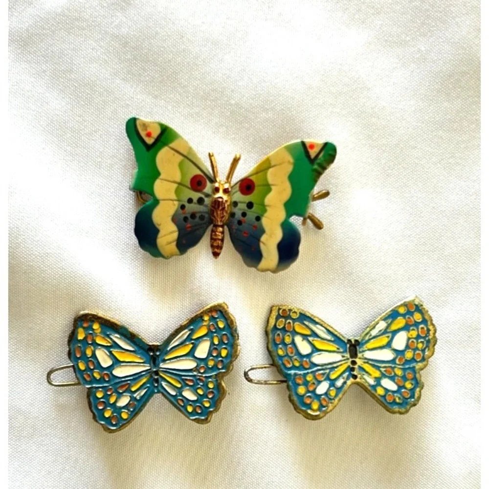 Vintage 70s Butterfly Hair Accessories Lot 3 Hairpins Barrettes Enamel Cloisonne